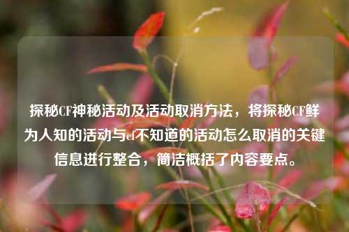 探秘CF神秘活动及活动取消 ,将探秘CF鲜为人知的活动与cf不知道的活动怎么取消的关键信息进行整合,简洁概括了内容要点。